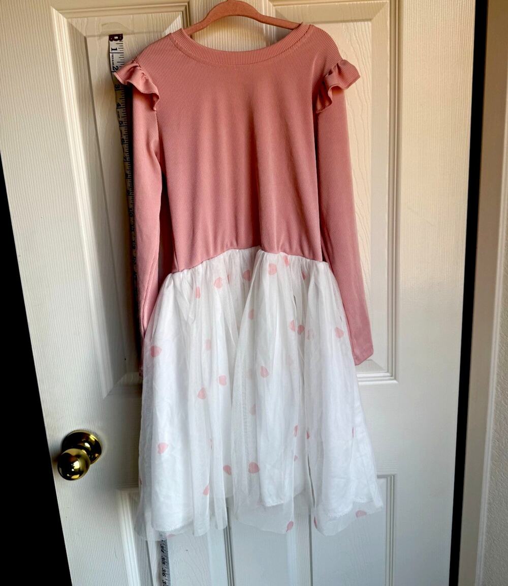 SHEIN Girls 7-8Y Pink/White Heart Fit & Flare Tulle Skirt Dress Long Sleeve